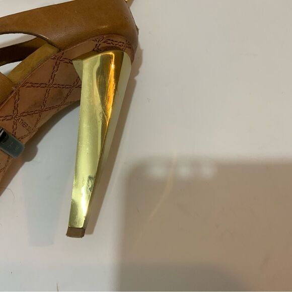 L.A.M.B. Tan Leather And Suede Strappy Sandals With Gold Heel Size 6 M - Picture 10 of 15